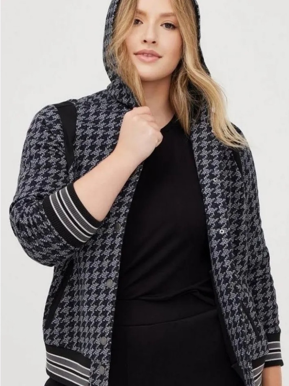 Torrid Black & Gray Varsity Houndstooth Hooded Bomber Jacket
